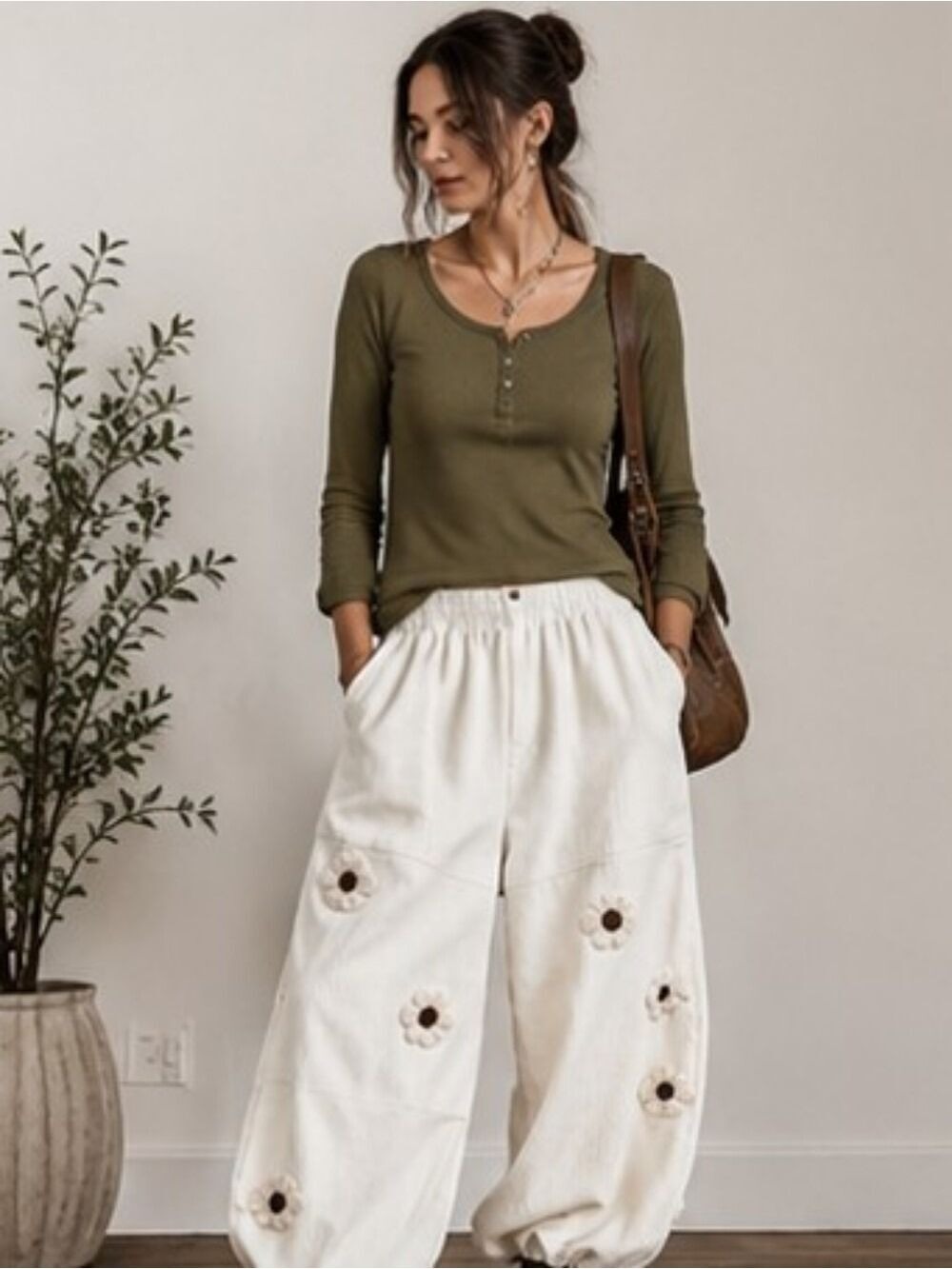 Cottagecore White Corduroy Balloon Pants with Daisy Appliqués & Gingham Tie Cuff